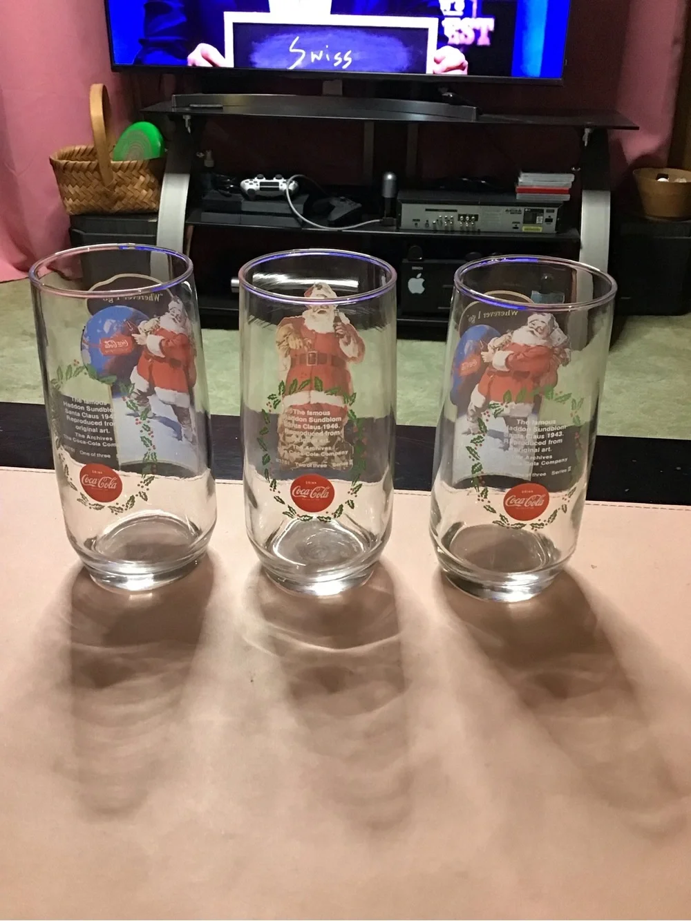 3 Vintage Coca-Cola Santa Christmas Glasses Set Collectable Glassware Coke